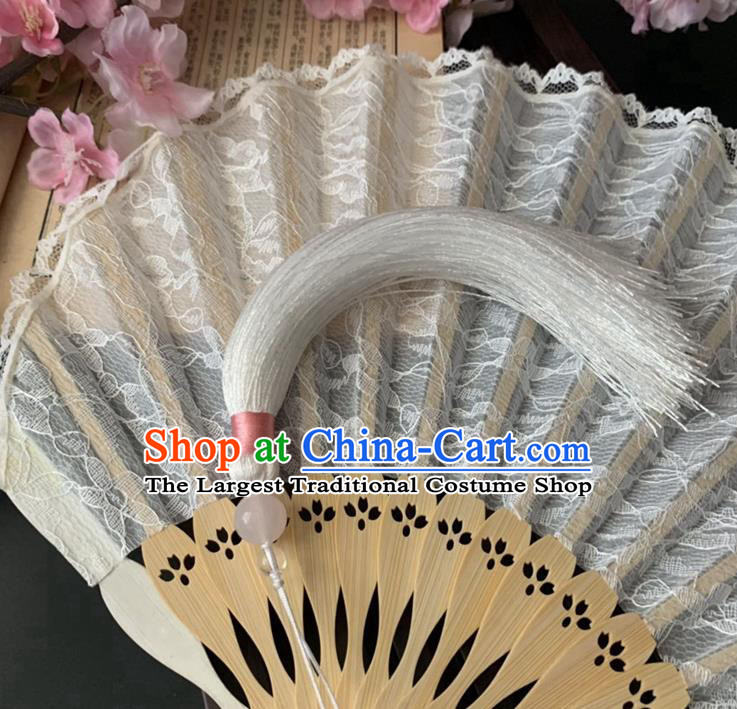 Japan Classical Dance White Lace Accordion Scallop Folding Fan Handmade Bamboo Fan
