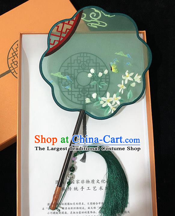 China Handmade Embroidered Butterfly Palace Fan Classical Dance Fan Traditional Hanfu Fan Green Silk Fan