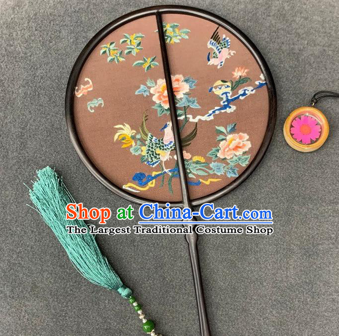 China Double Side Embroidered Jacinth Silk Circular Fan Handmade Embroidery Phoenix Peony Palace Fan