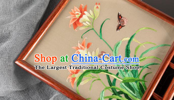 Chinese Handmade Embroidered Silk Craft Merbau Desk Decoration Traditional Hunan Embroidery Orchids Table Screen