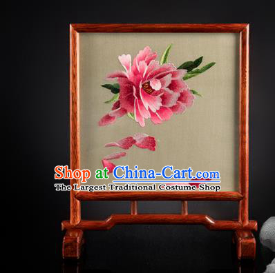 Chinese Handmade Embroidered Craft Merbau Desk Decoration Traditional Hunan Embroidery Peony Silk Table Screen