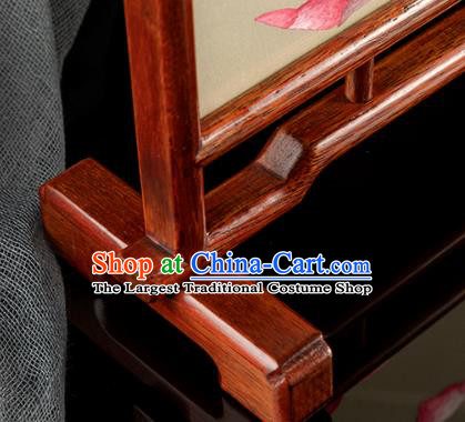 Chinese Handmade Embroidered Craft Merbau Desk Decoration Traditional Hunan Embroidery Peony Silk Table Screen