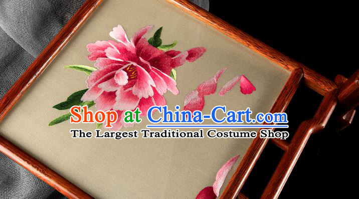 Chinese Handmade Embroidered Craft Merbau Desk Decoration Traditional Hunan Embroidery Peony Silk Table Screen