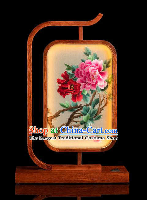Chinese Handmade Merbau Craft Embroidered Desk Lamp Traditional Hunan Embroidery Peony Table Screen