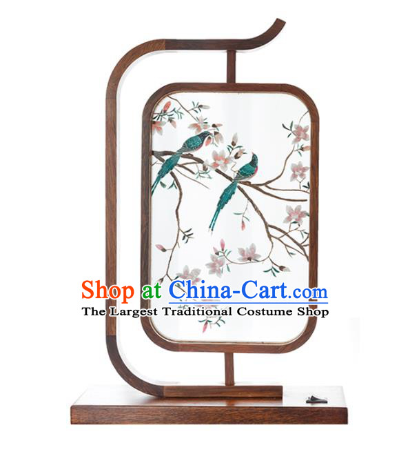 Chinese Embroidered Desk Lamp Traditional Hunan Embroidery Mangnolia Birds Table Screen Handmade Merbau Craft
