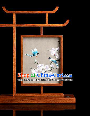 Chinese Handmade Merbau Desk Lamp Traditional Hunan Embroidery Mangnolia Table Screen