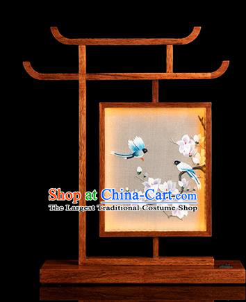 Chinese Handmade Merbau Desk Lamp Traditional Hunan Embroidery Mangnolia Table Screen