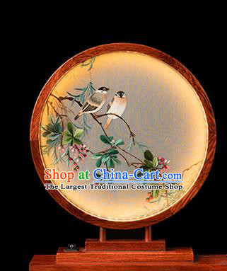 Chinese Traditional Hunan Embroidery Begonia Table Screen Handmade Merbau Circular Desk Lamp