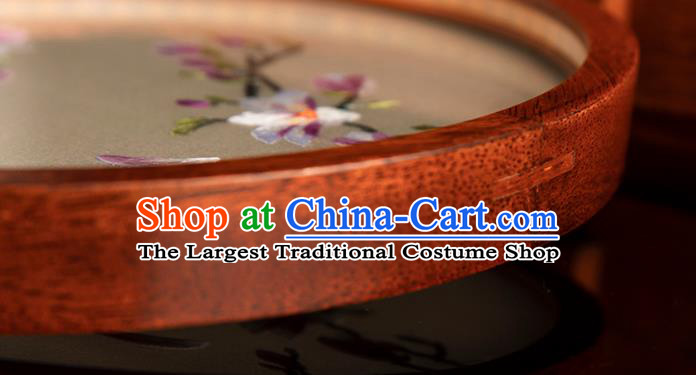 Chinese Traditional Hunan Embroidery Begonia Table Screen Handmade Merbau Circular Desk Lamp