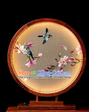 Chinese Traditional Hunan Embroidery Purple Mangnolia Table Screen Handmade Merbau Circular Desk Lamp Ornament