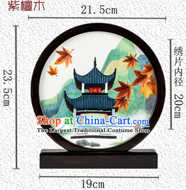 Chinese Desk Circular Ornament Traditional Hunan Embroidery Pavilion Table Screen Handmade Narra Craft
