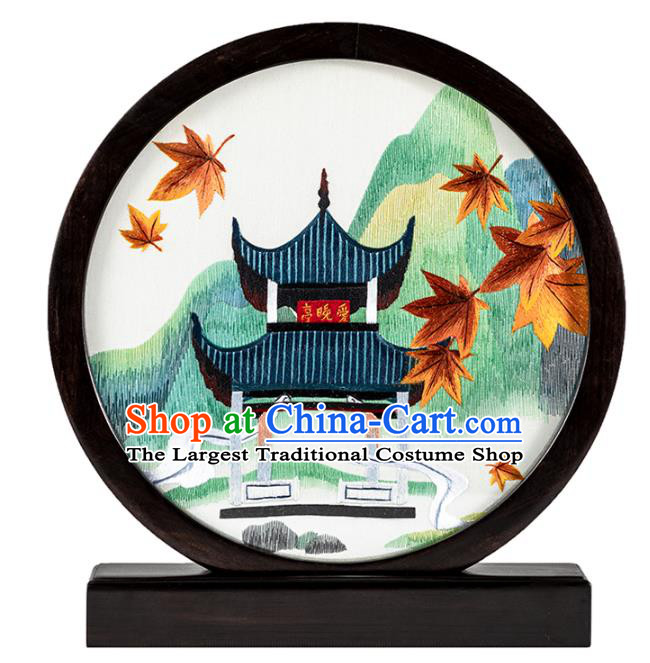 Chinese Desk Circular Ornament Traditional Hunan Embroidery Pavilion Table Screen Handmade Narra Craft