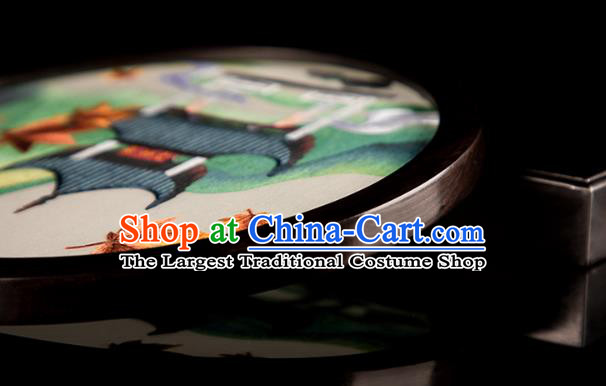 Chinese Desk Circular Ornament Traditional Hunan Embroidery Pavilion Table Screen Handmade Narra Craft