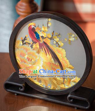 Chinese Traditional Hunan Embroidery Yellow Peony Table Screen Handmade Narra Craft Desk Circular Ornament