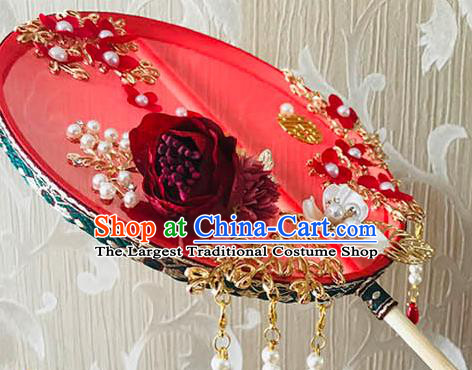 China Traditional Red Silk Hanfu Fan Bride Palace Fan Handmade Wedding Rose Circular Fan