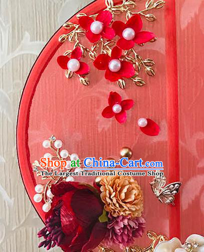 China Traditional Red Silk Hanfu Fan Bride Palace Fan Handmade Wedding Rose Circular Fan