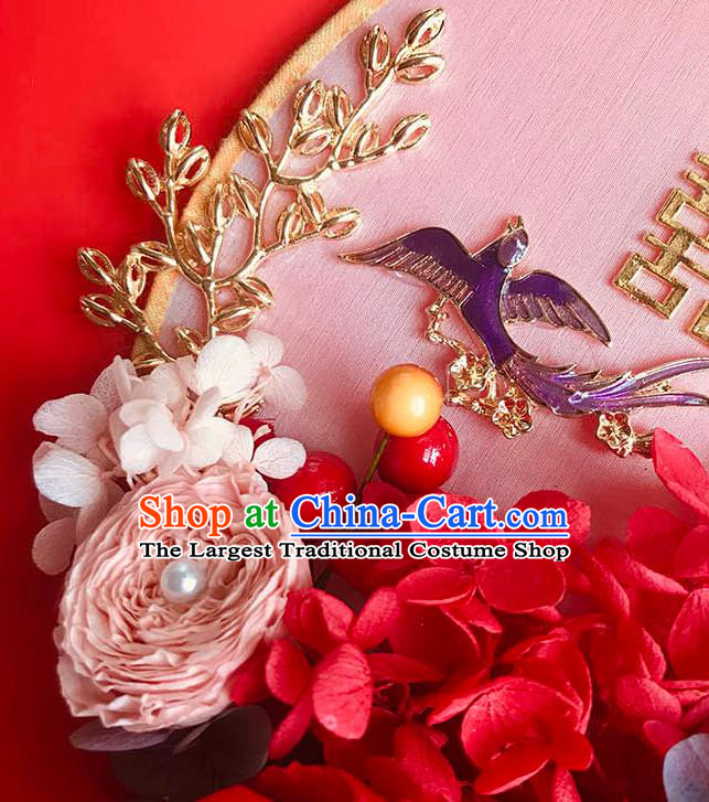 China Bride Circular Fan Wedding Silk Fan Handmade Palace Fan Traditional Red Rose Fan