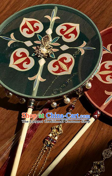 China Handmade Green Silk Palace Fan Wedding Circular Fan Traditional Tang Dynasty Princess Fan