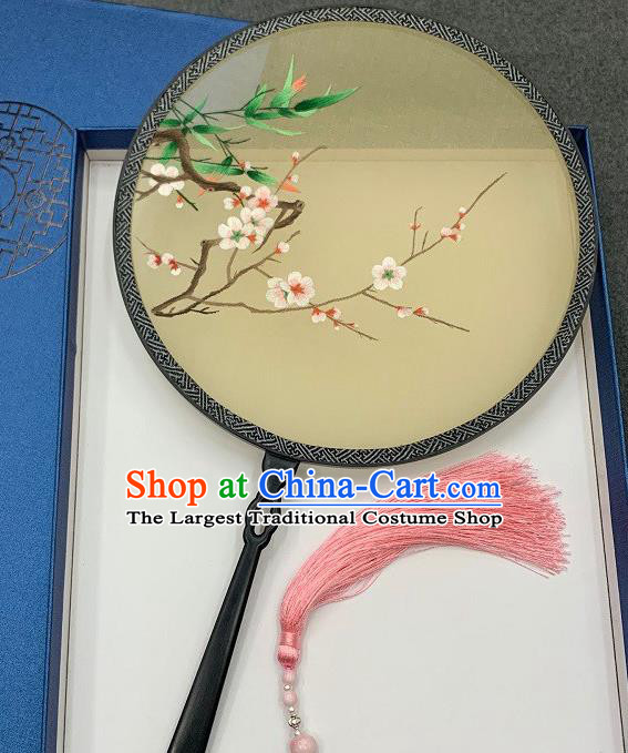 China Handmade Embroidery Plum Blossom Palace Fan Double Side Embroidered Circular Fan Traditional Dance Beige Silk Fan