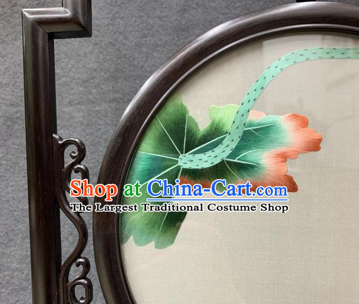 Chinese Traditional Embroidery Craft Handmade Embroidered Lotus Fish Table Screen Rosewood Desk Decoration