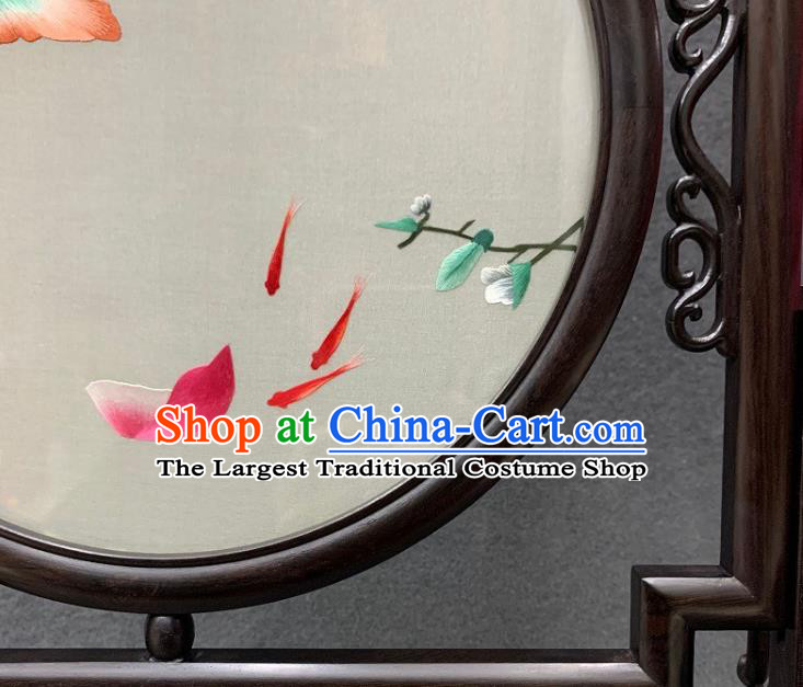 Chinese Traditional Embroidery Craft Handmade Embroidered Lotus Fish Table Screen Rosewood Desk Decoration