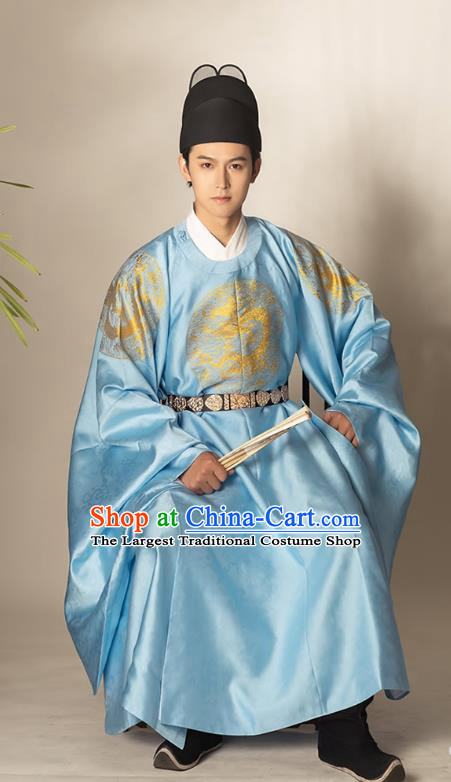 China Traditional Hanfu Apparels Ming Dynasty Monarch Historical Clothing Ancient Emperor Blue Imperial Robe