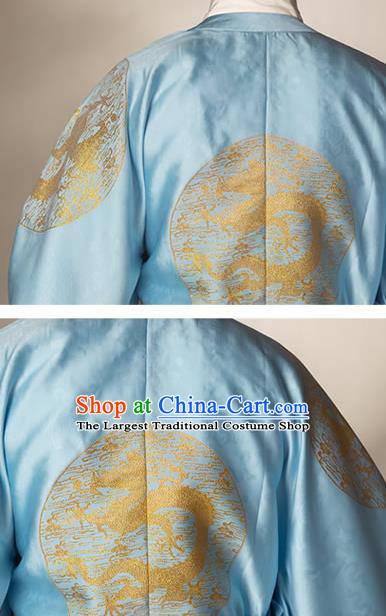China Traditional Hanfu Apparels Ming Dynasty Monarch Historical Clothing Ancient Emperor Blue Imperial Robe