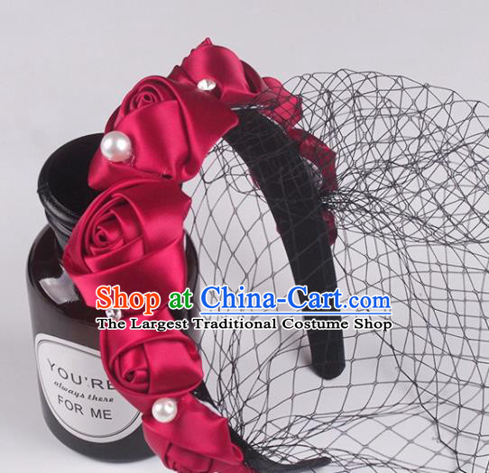 French Elegant Wedding Face Veil Headwear Bride Wine Red Satin Rose Hair Clasp
