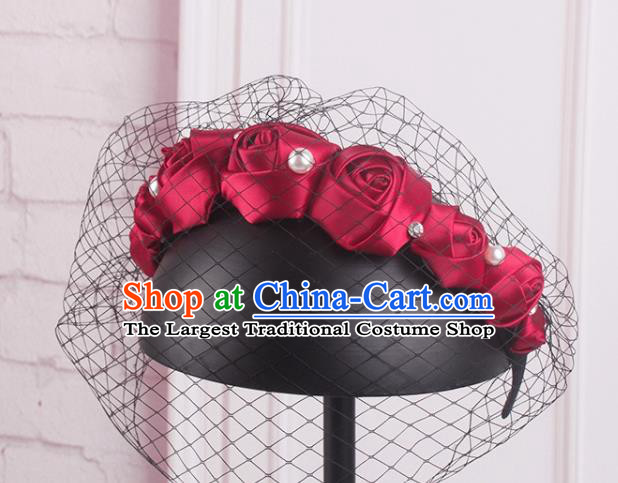 French Elegant Wedding Face Veil Headwear Bride Wine Red Satin Rose Hair Clasp