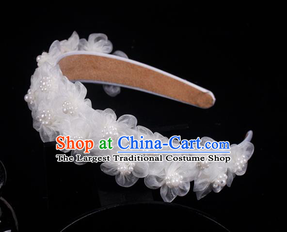 French Bride White Silk Flowers Hair Clasp Hair Accessories Elegant Wedding Pearls Headband
