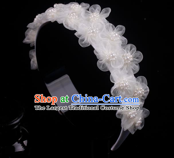 French Bride White Silk Flowers Hair Clasp Hair Accessories Elegant Wedding Pearls Headband