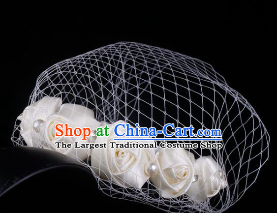French Bride Champagne Satin Rose Hair Clasp Elegant Wedding Face Veil Headwear