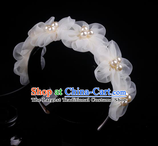 French Wedding Princess Pearls Headband Elegant Hair Accessories Bride Champagne Silk Flowers Hair Clasp