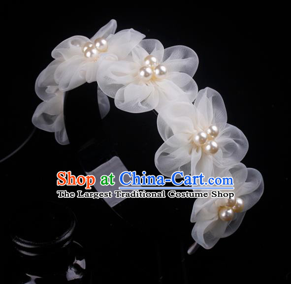 French Wedding Princess Pearls Headband Elegant Hair Accessories Bride Champagne Silk Flowers Hair Clasp