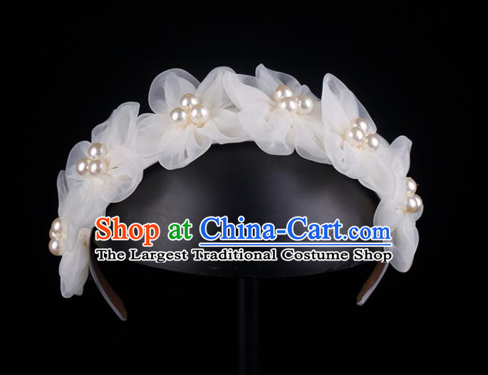 French Wedding Princess Pearls Headband Elegant Hair Accessories Bride Champagne Silk Flowers Hair Clasp