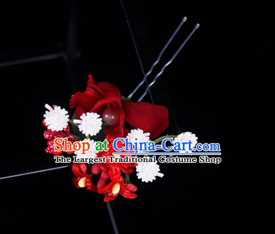 Top Grade Handmade Hair Stick Classical Red Silk Flower Hairpin Wedding Bride Hair Accessories