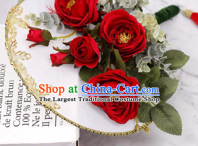 China Bride Circular Fan Traditional Wedding Silk Fan Handmade Red Rose Palace Fan