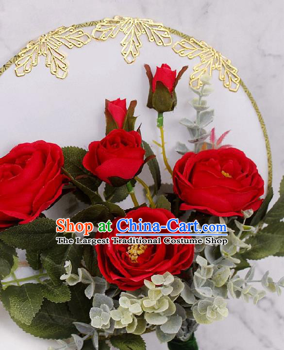 China Bride Circular Fan Traditional Wedding Silk Fan Handmade Red Rose Palace Fan
