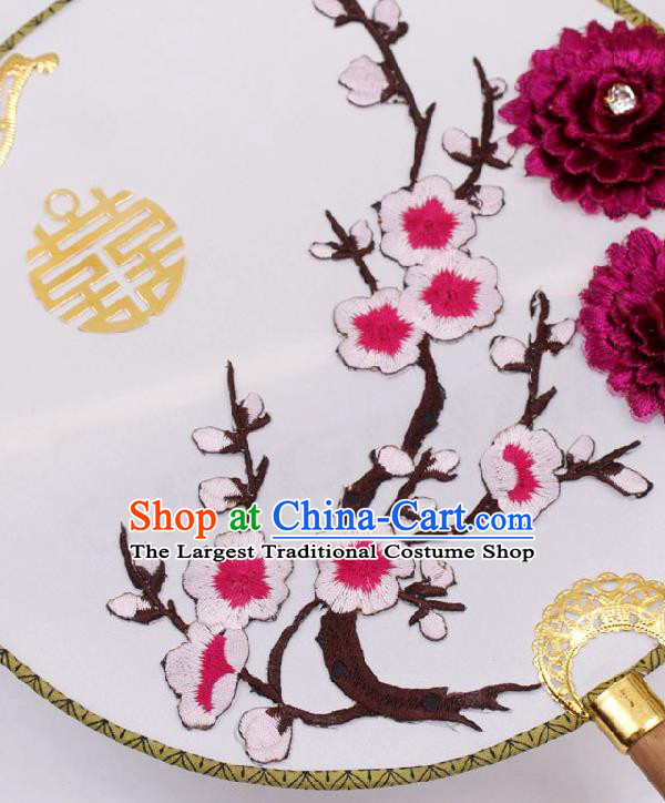 China Embroidered Plum Circular Fan Handmade Wedding Bride Palace Fan Traditional Xiuhe Suit Purple Peony Silk Fan