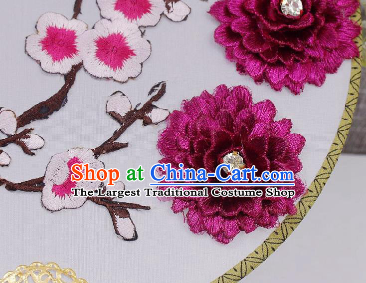 China Embroidered Plum Circular Fan Handmade Wedding Bride Palace Fan Traditional Xiuhe Suit Purple Peony Silk Fan