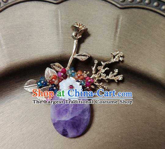 Handmade China Cheongsam Shell Flower Breastpin Amethyst Brooch Accessories Classical Jewelry
