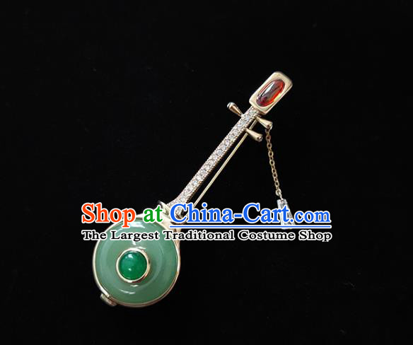 Handmade China Jade Brooch Accessories Cheongsam Crystal Lute Breastpin Classical Jewelry