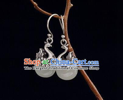 Top Chinese Cheongsam Accessories Silver Carving Phoenix Earrings Classical Jade Ear Jewelry