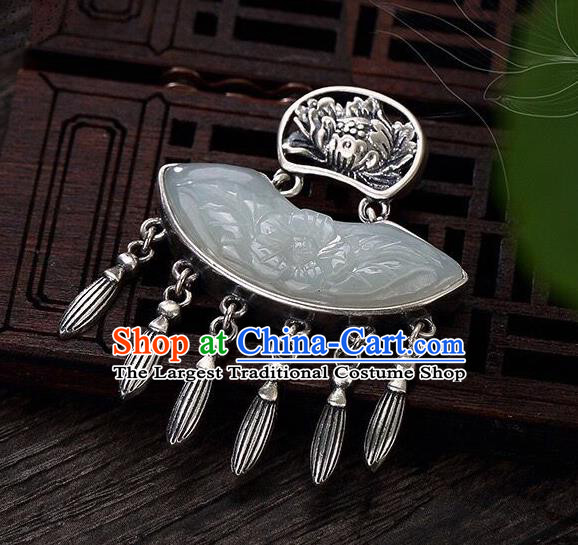 Handmade China Jade Carving Peony Tassel Pendant Accessories Classical Cheongsam Silver Necklace Jewelry