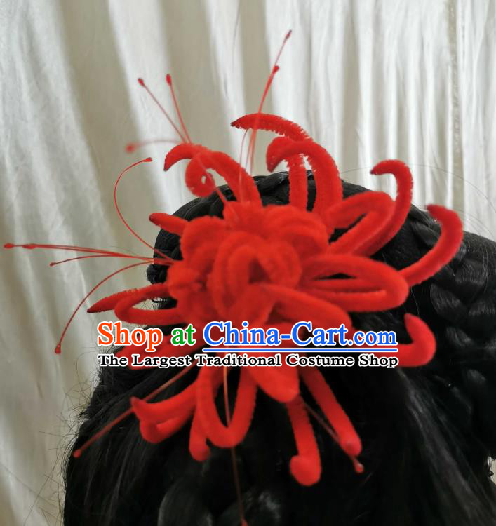 China Handmade Traditional Red Velvet Hair Stick Ancient Princess Red Spider Lily Hairpin