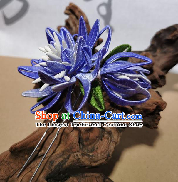China Traditional Hanfu Flower Hairpin Handmade Blue Silk Epiphyllum Hair Stick