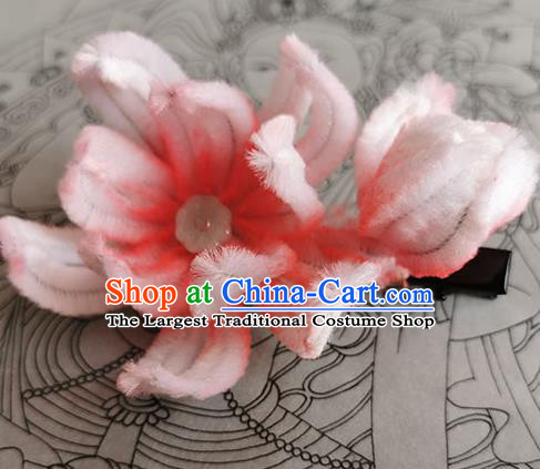 China Handmade Beijing Opera Lotus Hair Stick Traditional Ancient Ming Dynasty Pink Velvet Flowers Hairpin