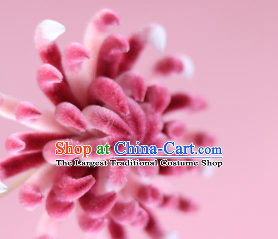 China Handmade Hanfu Flower Hair Stick Traditional Ancient Qing Dynasty Palace Lady Rosy Velvet Chrysanthemum Hairpin