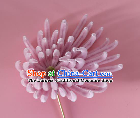 China Handmade Hanfu Chrysanthemum Hair Stick Traditional Ancient Qing Dynasty Palace Lady Pink Velvet Hairpin