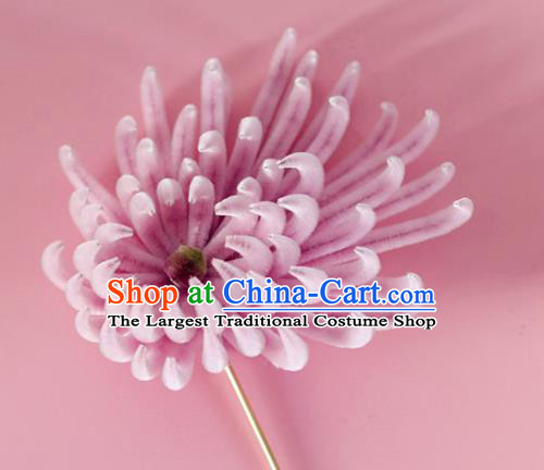China Handmade Hanfu Chrysanthemum Hair Stick Traditional Ancient Qing Dynasty Palace Lady Pink Velvet Hairpin
